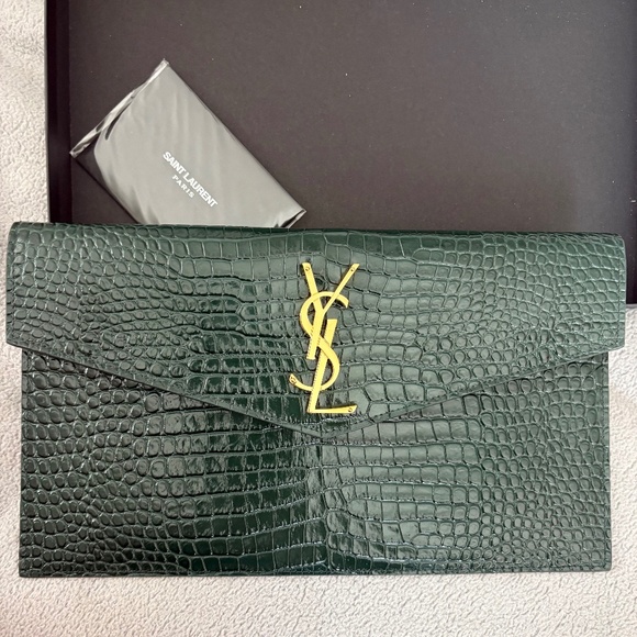 SAINT LAURENT YSL Dark Mint Green Uptown Croc Print Med Envelope Pouch Clutch - Picture 4 of 12